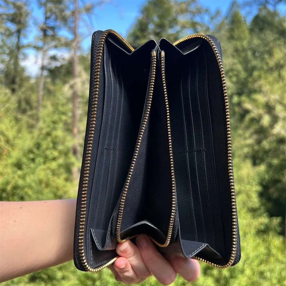 COACH Long Zip-Around Wallet Navy Blue Pebble Leather Wallet Gold Hardware
